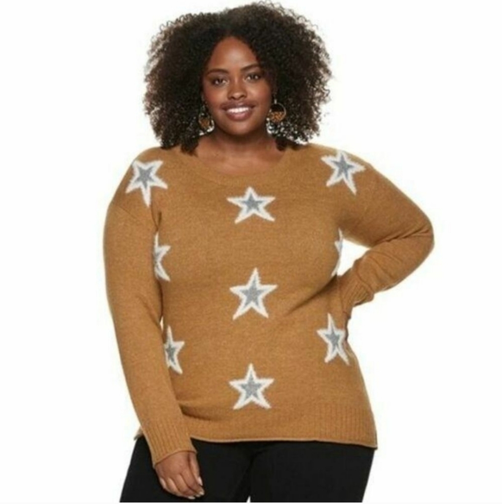 EVRI Star Print Camel Brown Sweater Size 1X fuzzy soft Shimmer Sparkle
